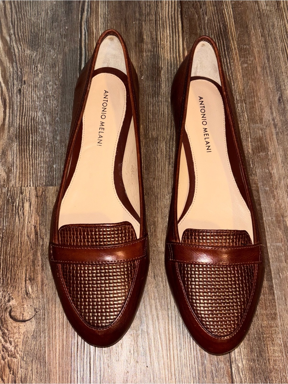 ANTONIO MELANI Brown Leather Woven-Texture Loafers